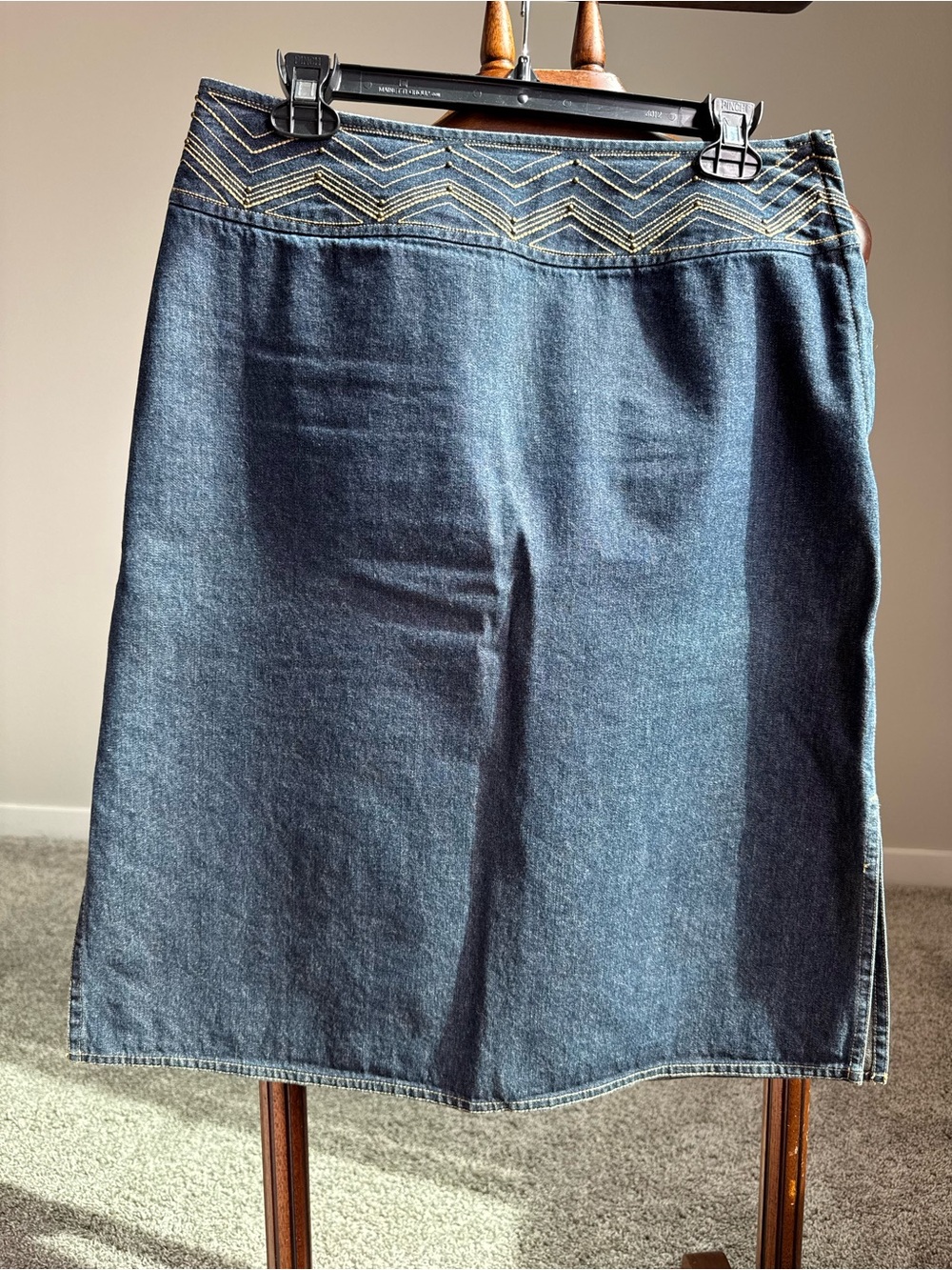 Liz Claiborne Denim Skirt Size 10 Blue A-Line Midi Western Stitch Detail Slit
